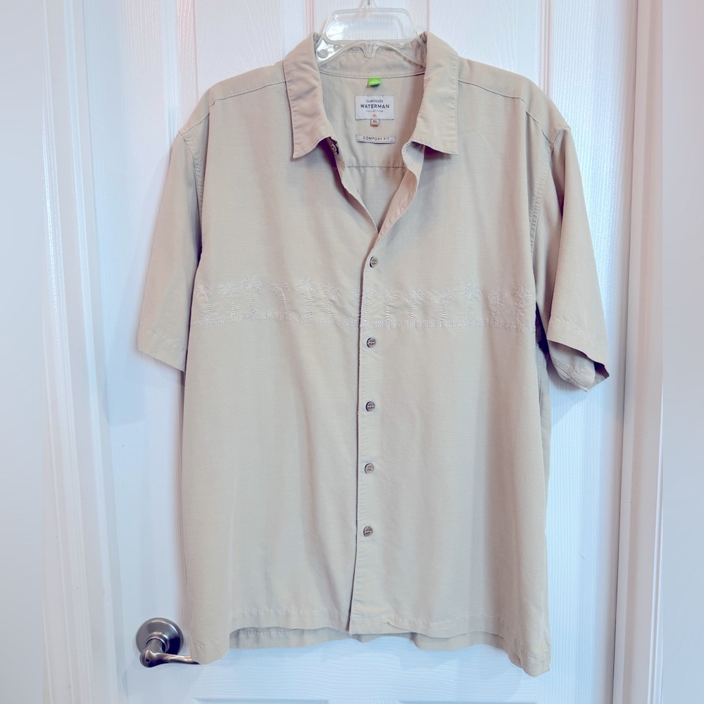 Men’s Quicksilver Waterman Hawaiian Shirt Button Down XL Khaki Tan